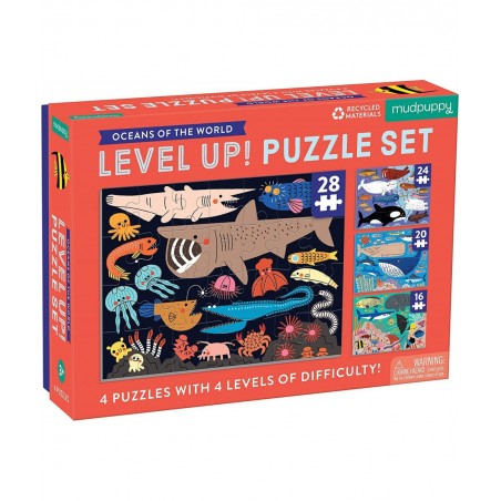 Oceans of The World Level Up! Puzzle Set from Mudpuppy Includes 4 Jigsaw Puzzles with 16 – 28 Pieces Features Beautifully Ill...