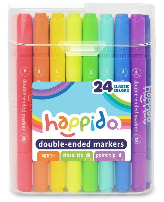 Happido Double-Ended Markers 24 Colors - Non-Toxic Brightly Colored Markers for Kids Coloring Drawing Crafts and More Comes w...