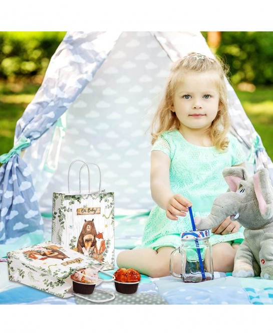 16 Pieces Woodland Baby Shower Party Bags Bear Themed Decorations Woodland Gift Bags Woodland Animals Goodie Bags Candy Treat...