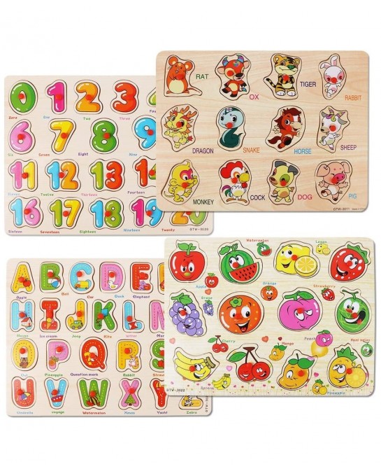 Toddlers Puzzles Wooden Puzzles for Toddlers 4 Pack Peg Puzzles for Kids Ages 2-4 Wooden Alphabet Number Animal Fruit Puzzles...