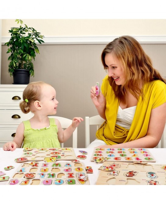 Toddlers Puzzles Wooden Puzzles for Toddlers 4 Pack Peg Puzzles for Kids Ages 2-4 Wooden Alphabet Number Animal Fruit Puzzles...