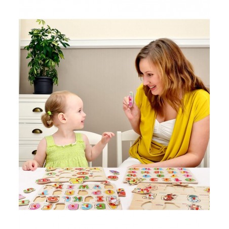 Toddlers Puzzles Wooden Puzzles for Toddlers 4 Pack Peg Puzzles for Kids Ages 2-4 Wooden Alphabet Number Animal Fruit Puzzles...
