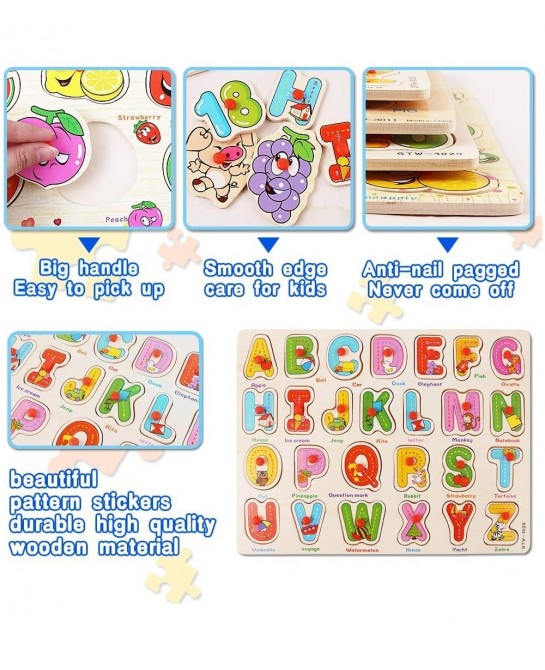 Toddlers Puzzles Wooden Puzzles for Toddlers 4 Pack Peg Puzzles for Kids Ages 2-4 Wooden Alphabet Number Animal Fruit Puzzles...