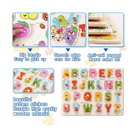 Toddlers Puzzles Wooden Puzzles for Toddlers 4 Pack Peg Puzzles for Kids Ages 2-4 Wooden Alphabet Number Animal Fruit Puzzles...