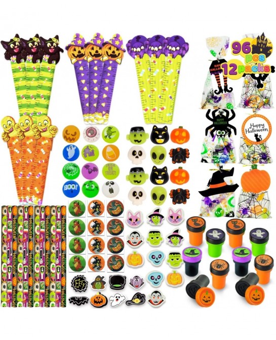 96 Pcs Halloween Assorted Stationery Toy Set 12 Packs Prefilled Treat Bags with Gift Tags Including Mochi Bouncy Balls Sticke...