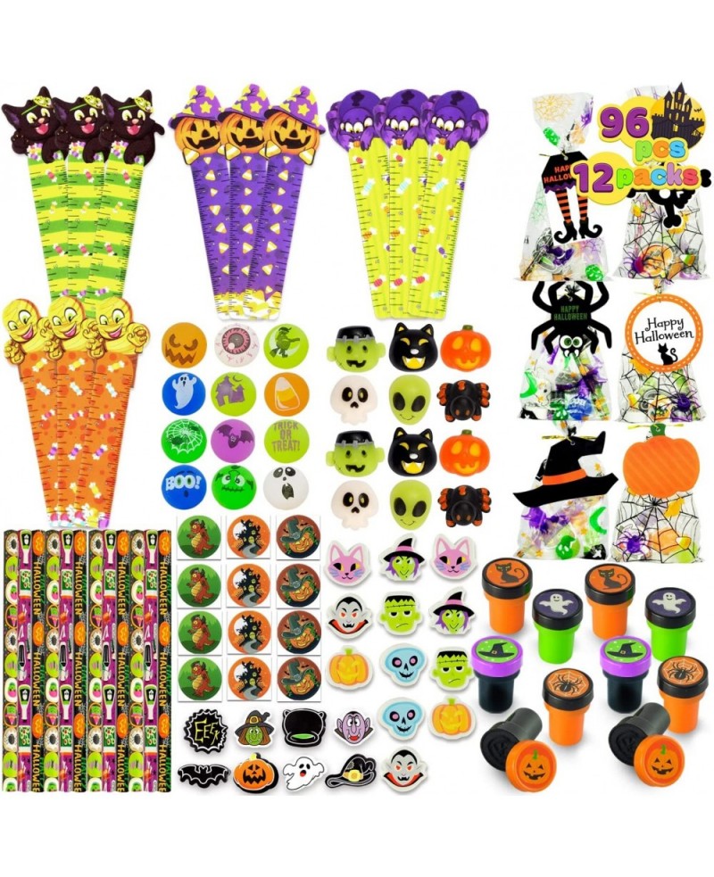 96 Pcs Halloween Assorted Stationery Toy Set 12 Packs Prefilled Treat Bags with Gift Tags Including Mochi Bouncy Balls Sticke...