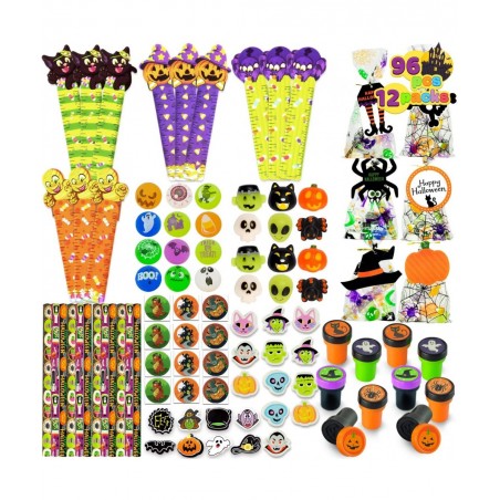 96 Pcs Halloween Assorted Stationery Toy Set 12 Packs Prefilled Treat Bags with Gift Tags Including Mochi Bouncy Balls Sticke...