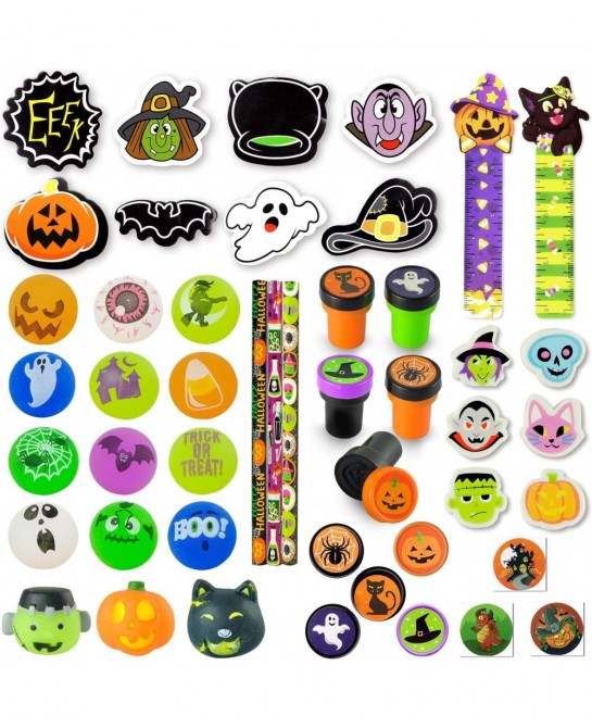 96 Pcs Halloween Assorted Stationery Toy Set 12 Packs Prefilled Treat Bags with Gift Tags Including Mochi Bouncy Balls Sticke...