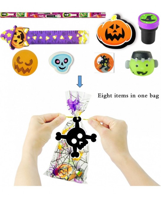 96 Pcs Halloween Assorted Stationery Toy Set 12 Packs Prefilled Treat Bags with Gift Tags Including Mochi Bouncy Balls Sticke...