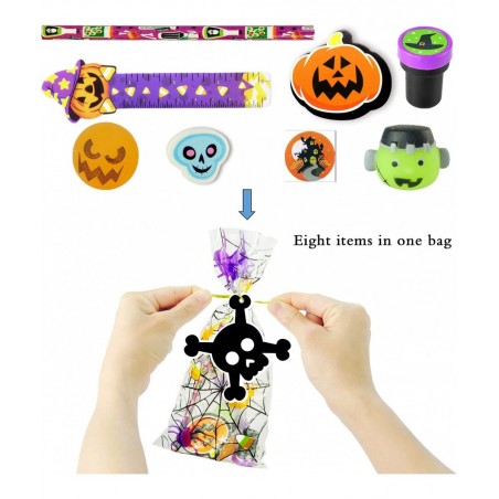 96 Pcs Halloween Assorted Stationery Toy Set 12 Packs Prefilled Treat Bags with Gift Tags Including Mochi Bouncy Balls Sticke...
